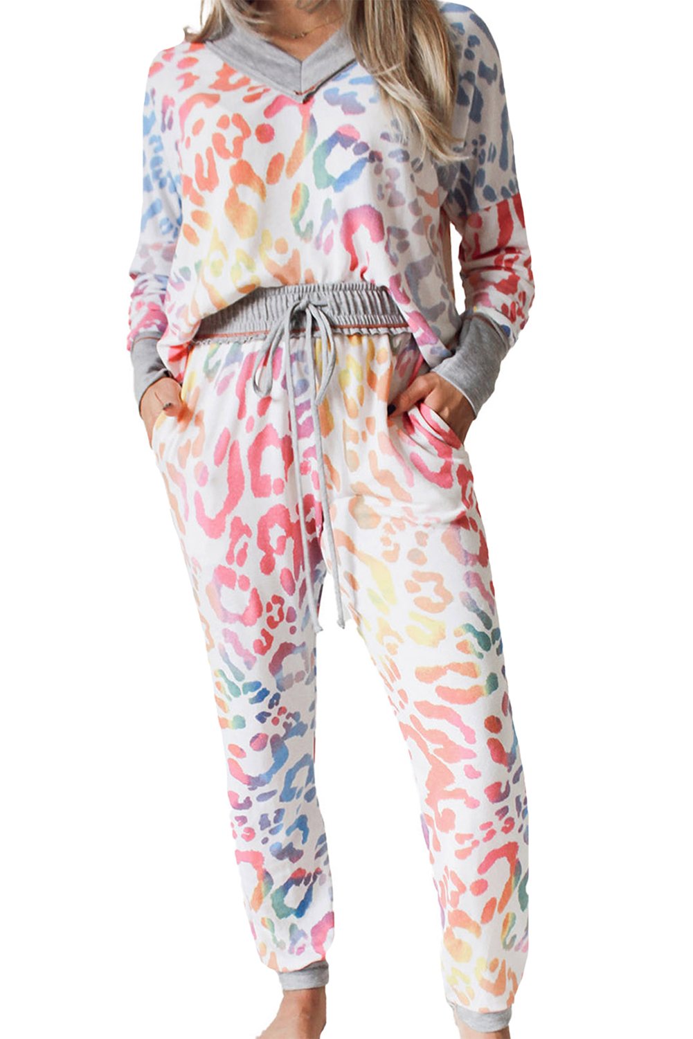 Multicolor V-neck Leopard Print Color Block Joggers Set