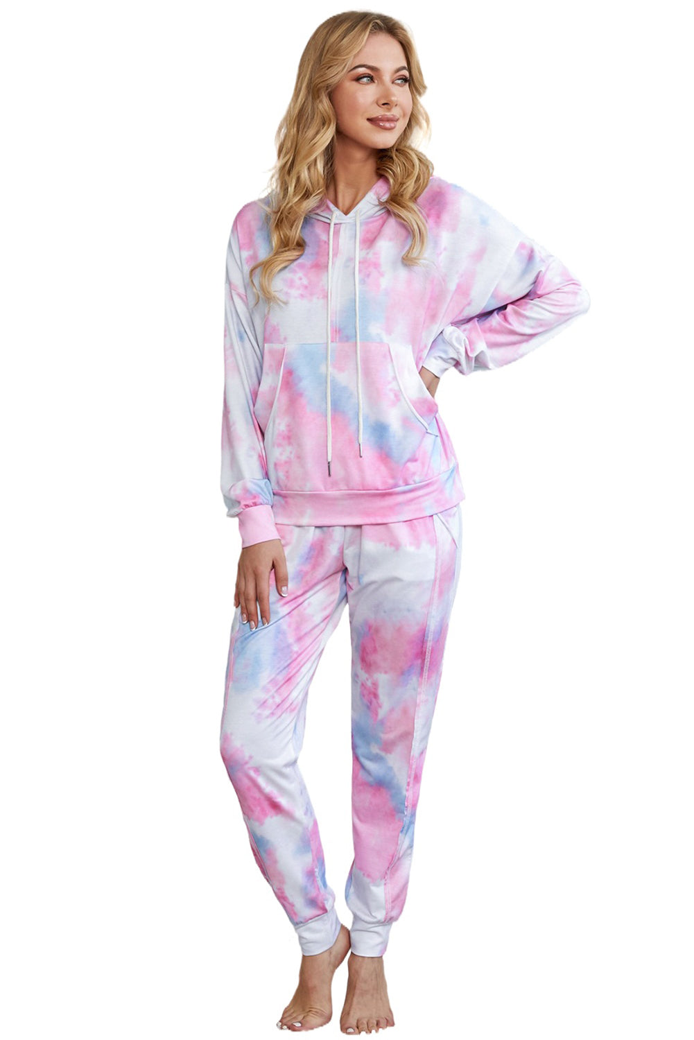 Pink Shut-eye Pocketed Tie-dye Knit Hooded Joggers Set