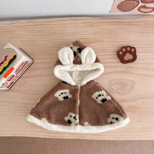 Autumn and Winter Baby Girl Cartoon Pattern Warm Cozy Fleece Cape