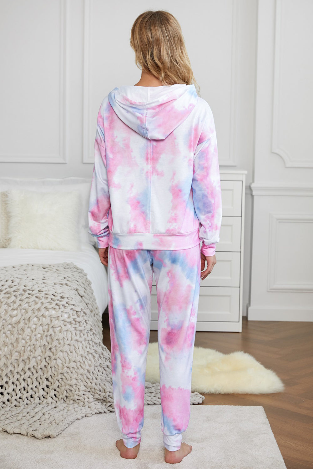 Pink Shut-eye Pocketed Tie-dye Knit Hooded Joggers Set