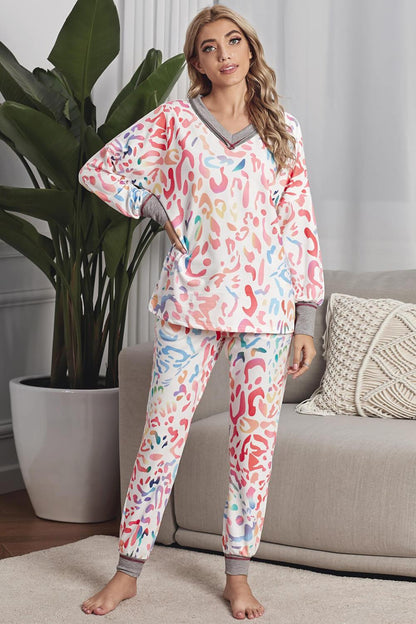 Multicolor V-neck Leopard Print Color Block Joggers Set