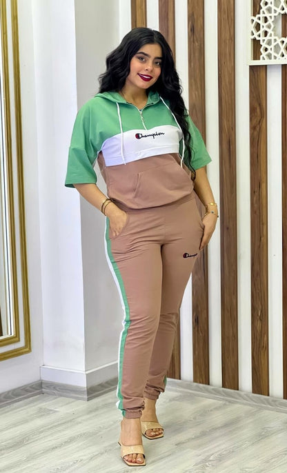 Short Sleeved Drawstring Zipper &amp; Jogger Pants Set