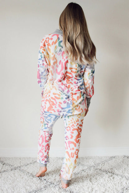 Multicolor V-neck Leopard Print Color Block Joggers Set