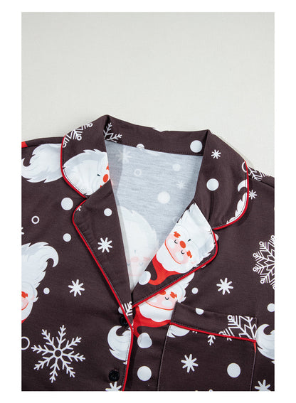 White Printed Christmas Santa Claus Print Shirt and Pants Pajama Set