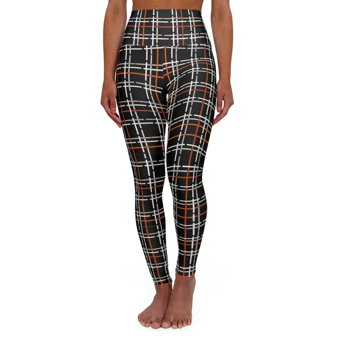 Womens High-waist Fitness Legging Yoga Pants, Black Orange Tartan