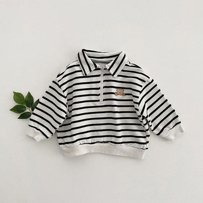 Baby Cute Bear Embroidered &amp; Striped Pattern Polo Neck Cotton Hoodies