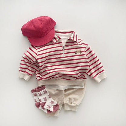 Baby Cute Bear Embroidered &amp; Striped Pattern Polo Neck Cotton Hoodies