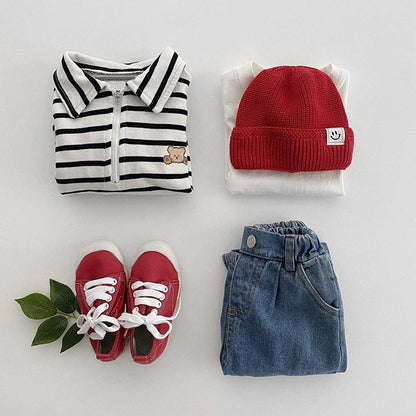 Baby Cute Bear Embroidered &amp; Striped Pattern Polo Neck Cotton Hoodies