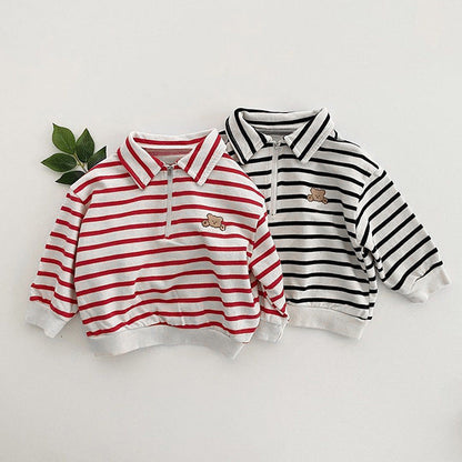 Baby Cute Bear Embroidered &amp; Striped Pattern Polo Neck Cotton Hoodies